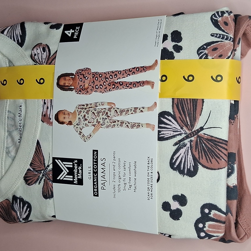 Girls Size 6 Organic Cotton Pajama Set Butterfly & Flower 4 Piece  Member's Mark